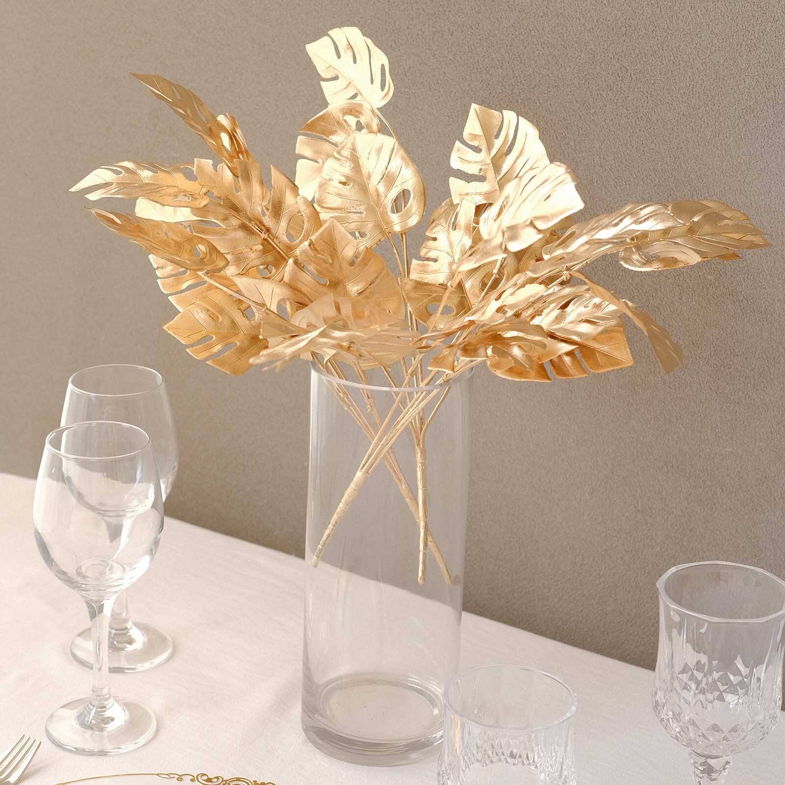 4 Pack Metallic Gold Artificial Monstera Leaves Bushes, Tropical Palm Leaf Bunches Vase Fillers - 14