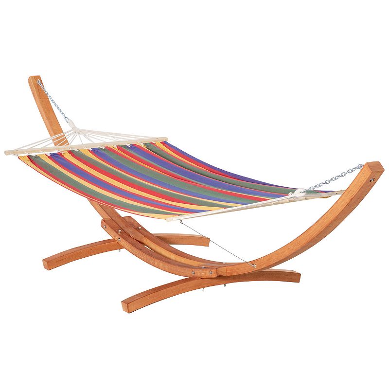 Outsunny Camping Hammock Outdoor Arch Wooden Hammock Bed with Stand w/ Straps and Hooks Multi color Stripe