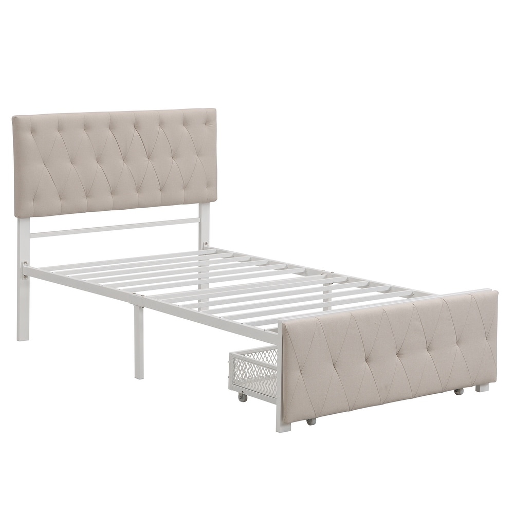 Metal Storage Platform Bed with Big Drawer   Linen Upholstered Headboard