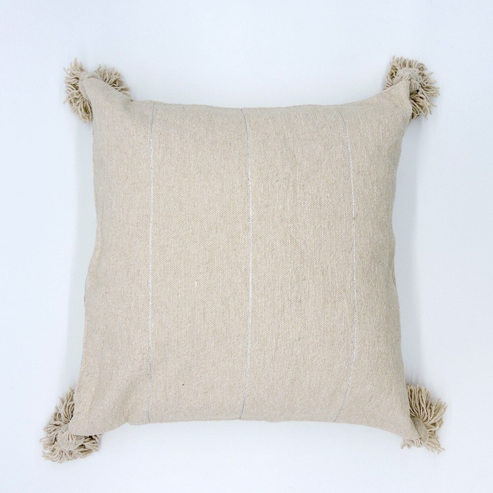 Moroccan Handmade Cotton PomPom Throw Pillow Cover Beige 19 x 19 Inches.