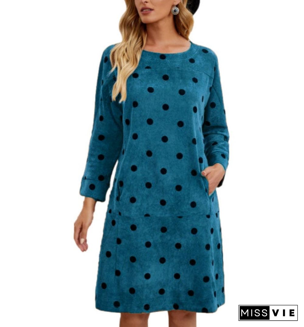 Corduroy Polka Dot Print Pocket Dress