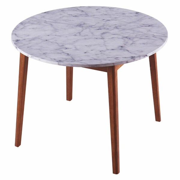 Wooden Round Dining Table with Faux Marble Top， White/Walnut