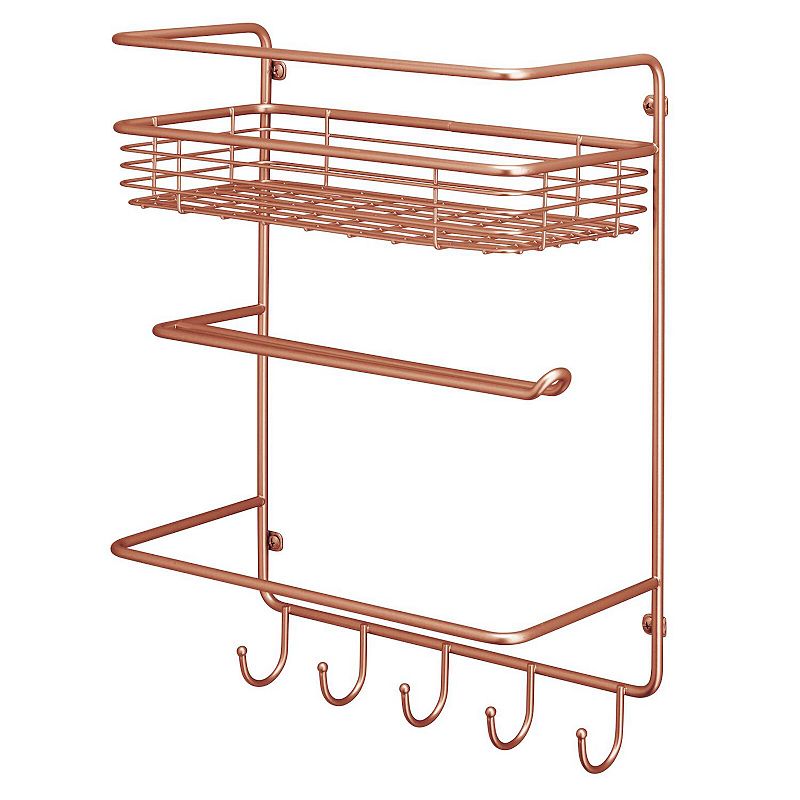 mDesign Metal Wall Mount Paper Towel Holder with Storage Shelf/Hooks