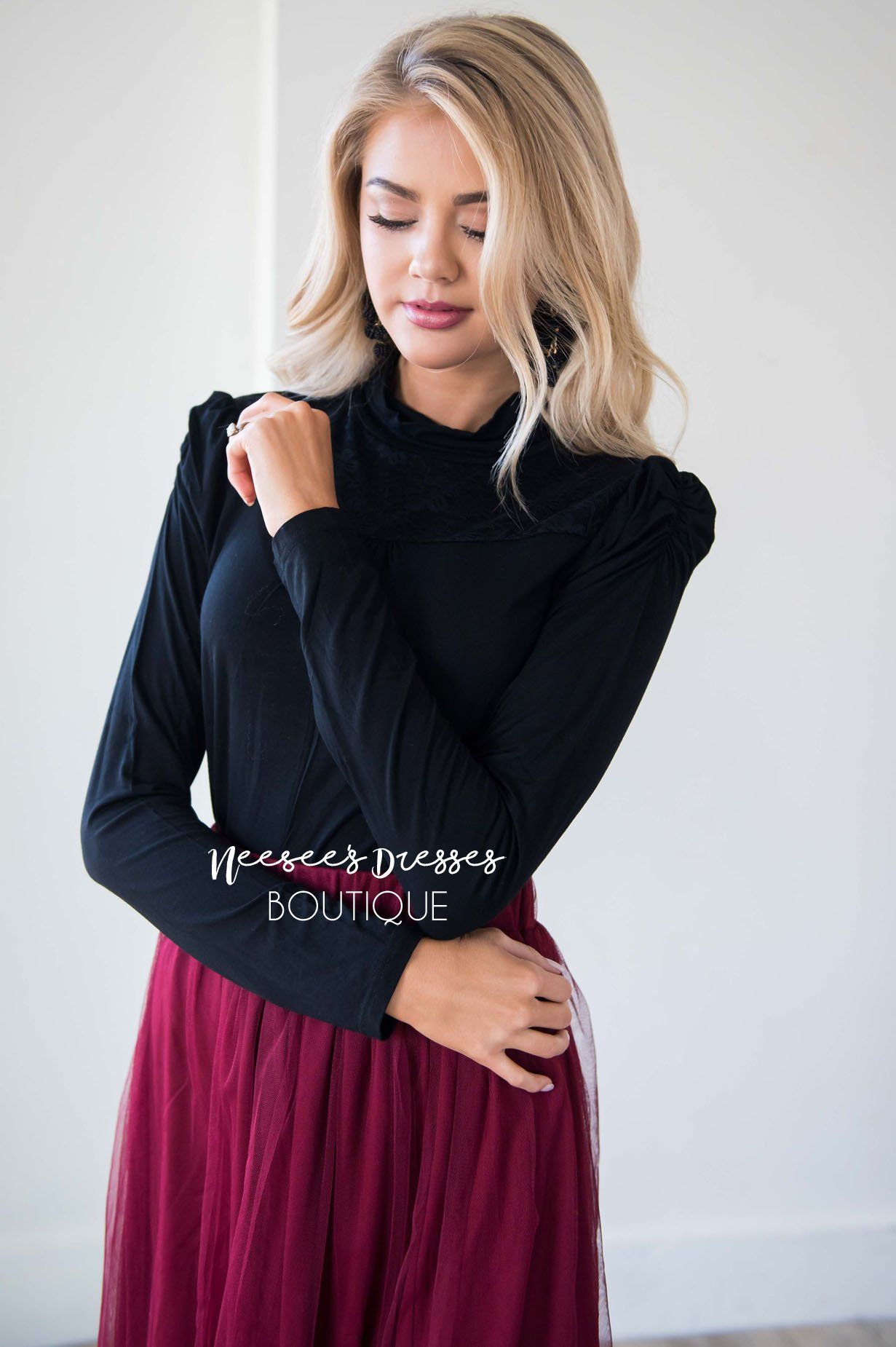 Turtle Neck Lace Yoke Long Sleeve Top