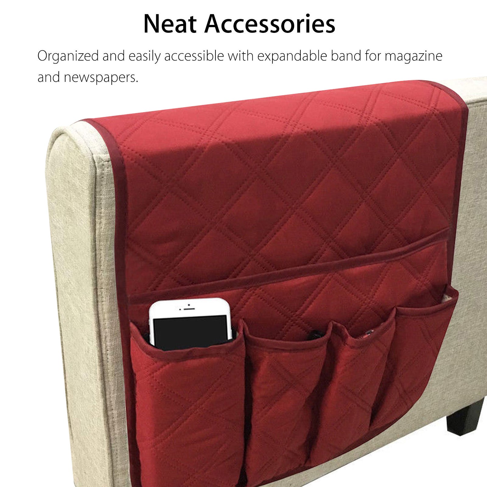 EEEkit Couch Sofa Chair Armrest Organizer, Non-Slip Recliner Armrest Storage Holder Cover with 5 Pockets, Storage for Smart Phone iPad Book Magazines TV Remote Control Holder