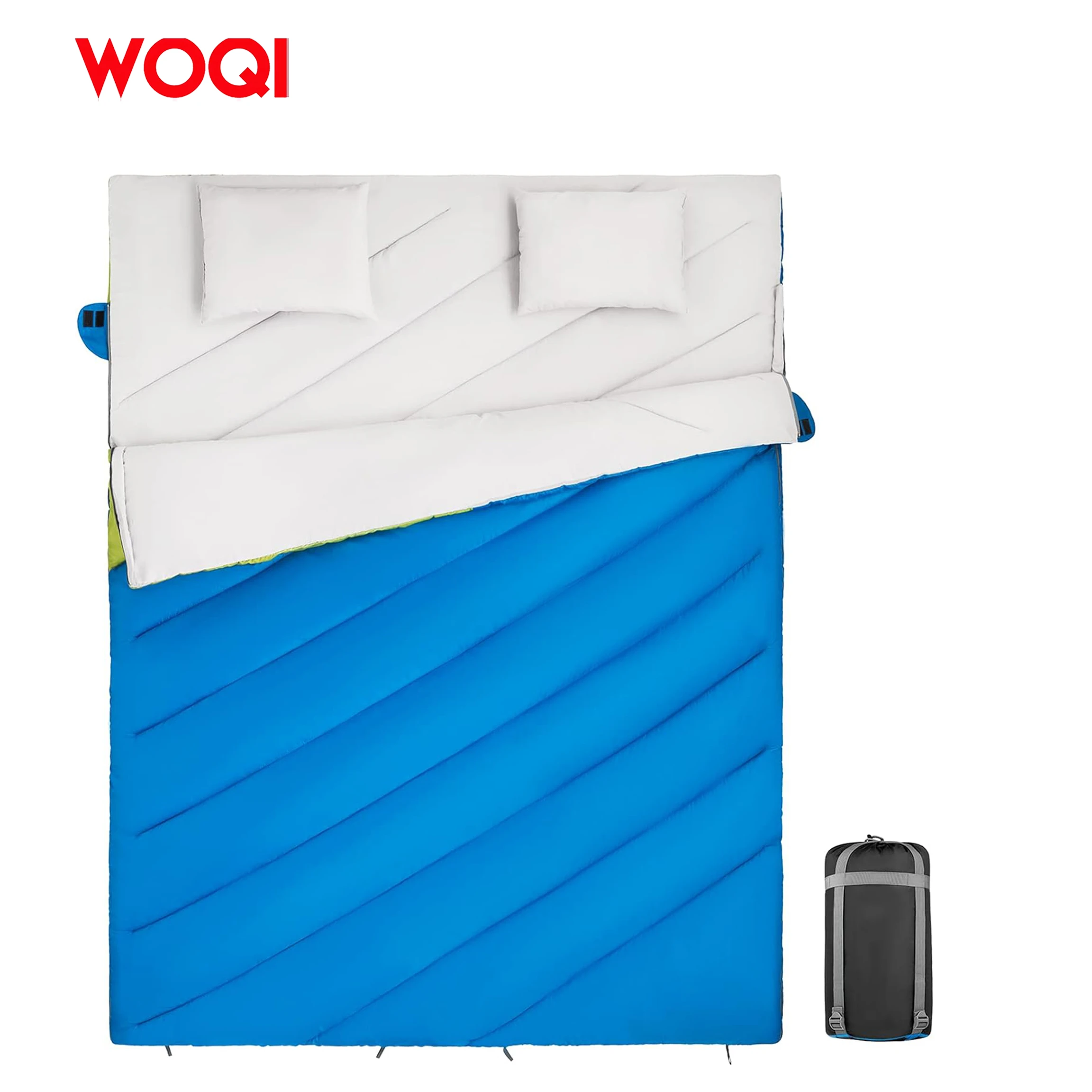 WOQI large double sleeping bag  suitable for camping  hiking  travel  with 2 pillows