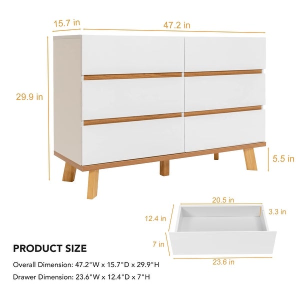 White Dresser， 6 Drawers Dresser with Wide Double Drawer， Chest of Drawers Large Storage Cabinet - as picture - - 37668555