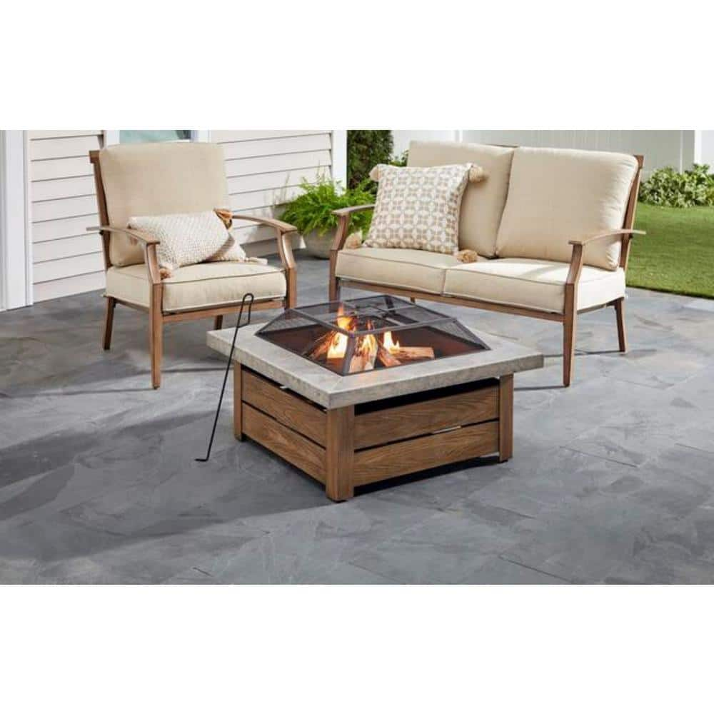 Hampton Bay Stoneham 34 in. x 15.5 in. Square Steel Wood Fire Pit with Tile Top 2195FPA-1-34