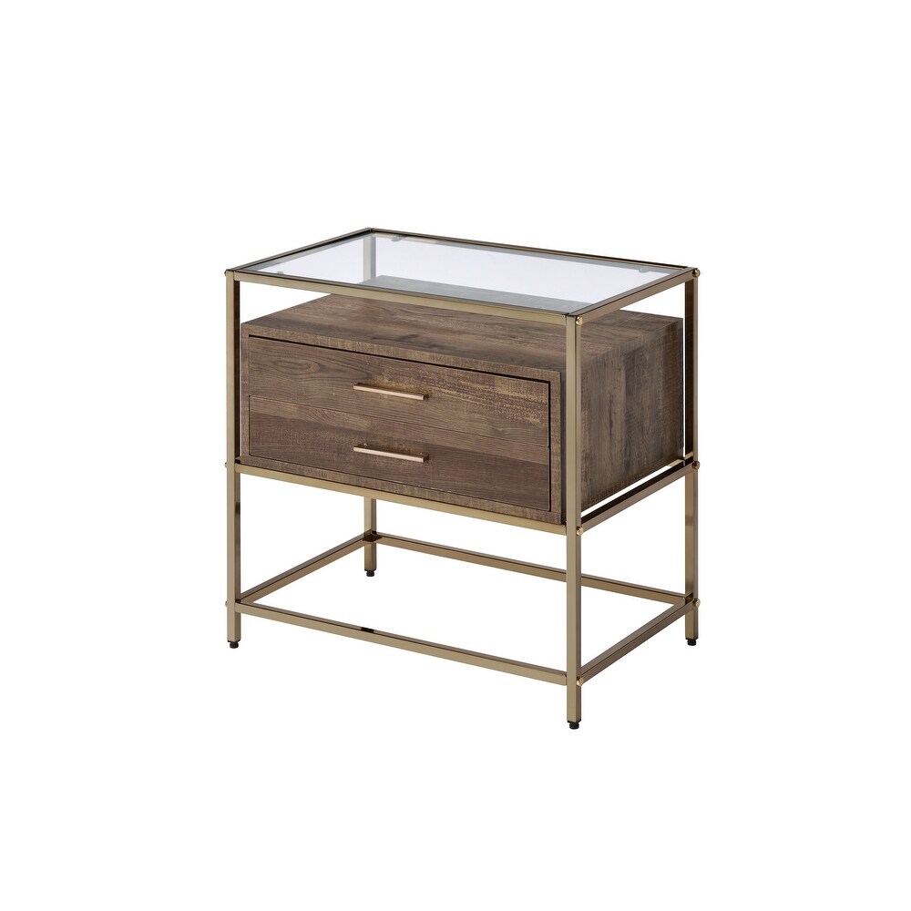 Metal Frame Nightstand Accent Table Walnut Champagne Finish 15\