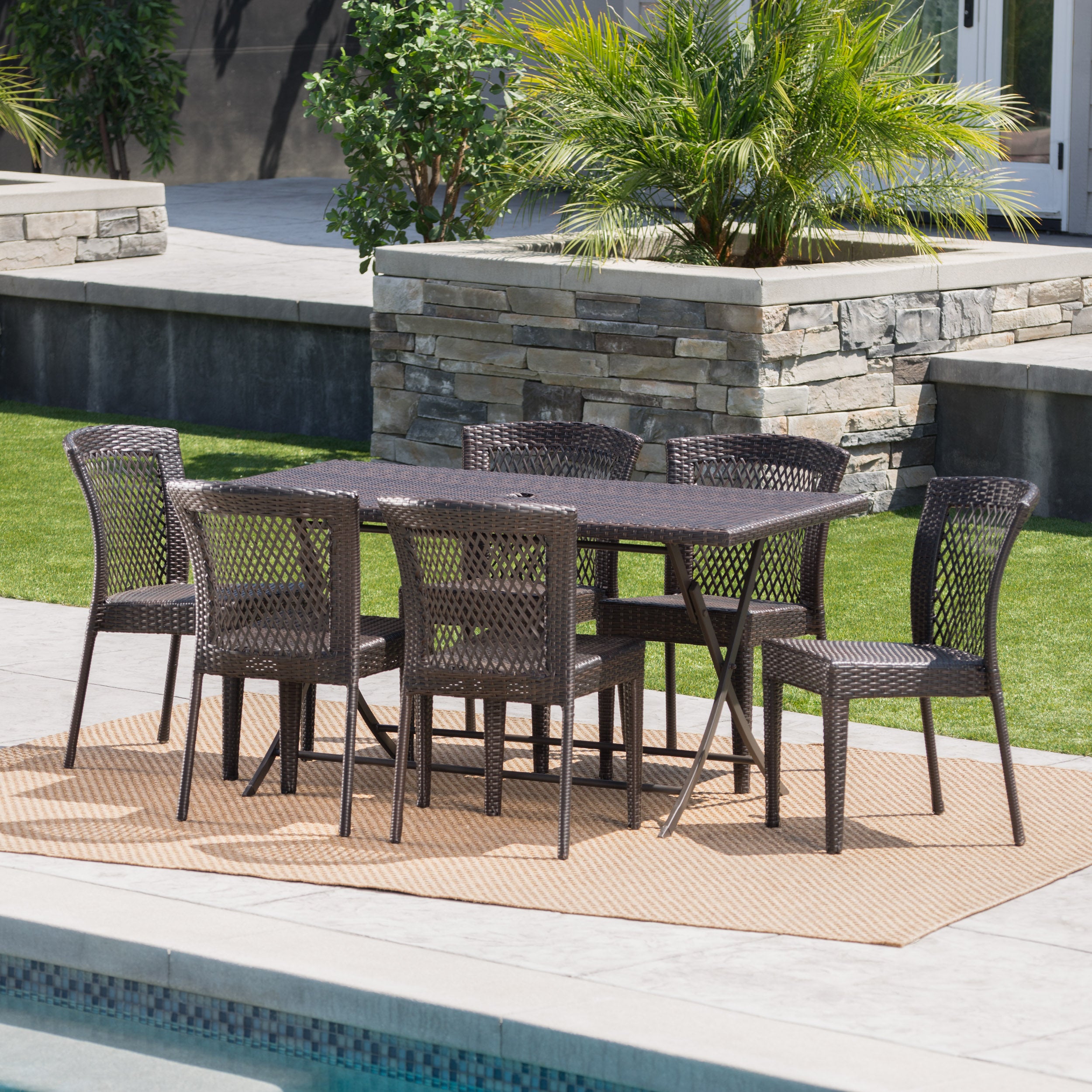 Paulina Outdoor 7 Piece Multi-brown Wicker Dining Set