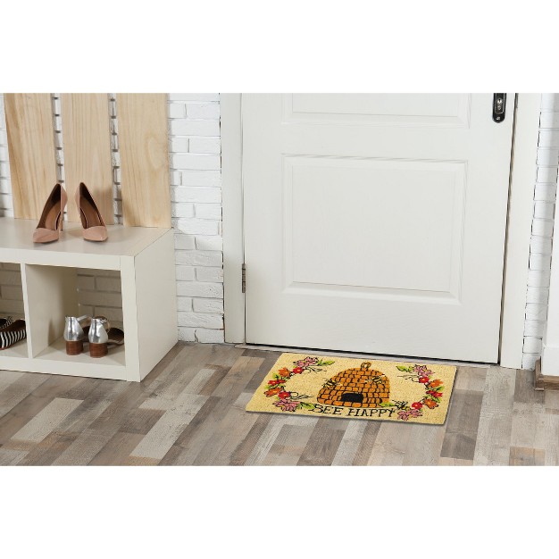 Bee Happy Sentiment Bee Hive Rectangle Indoor And Outdoor Coir Door Welcome Mat Multicolored On Beige Background