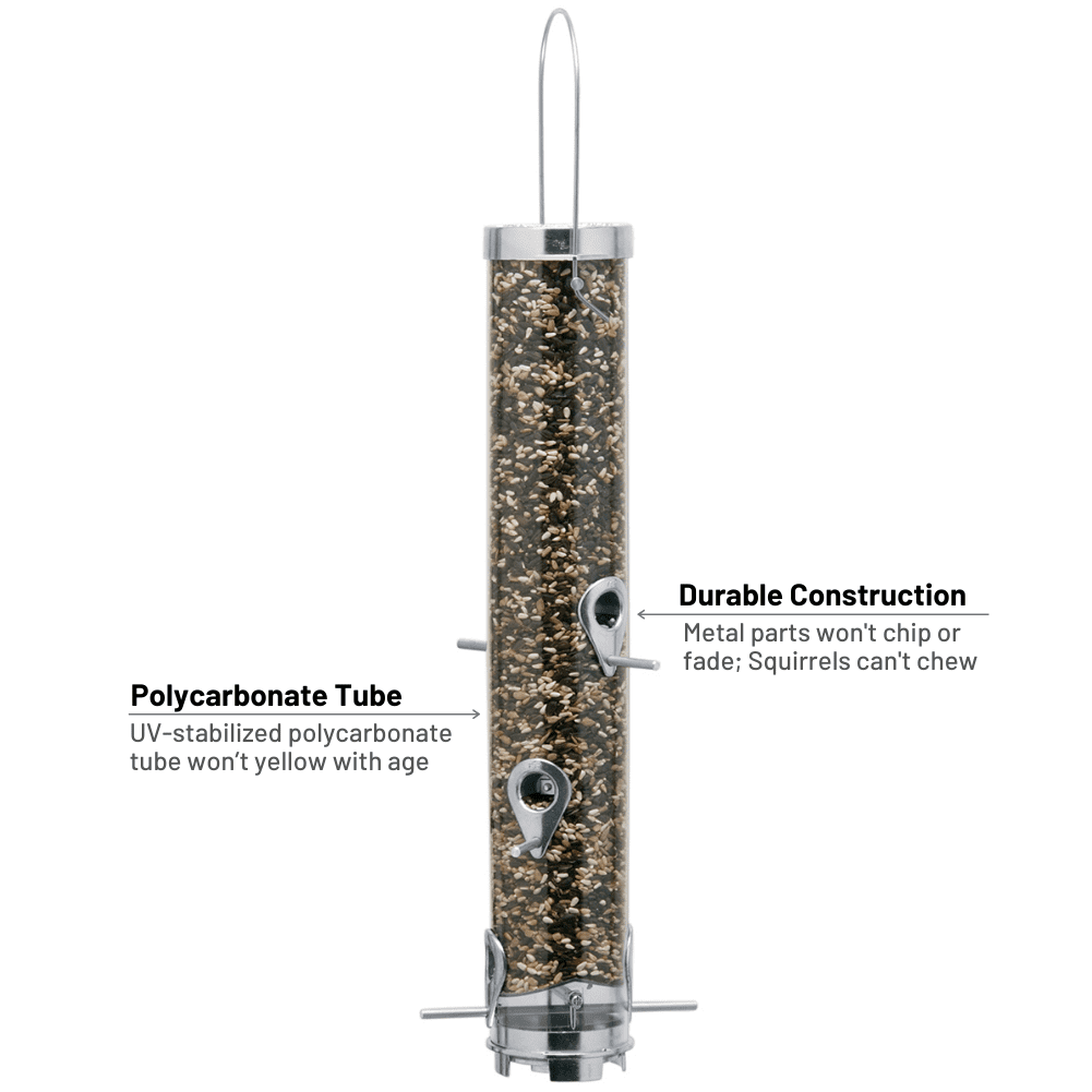 Droll Yankees 22.5-inch Tube Bird Feeder， 2.5 lb Capacity， Silver