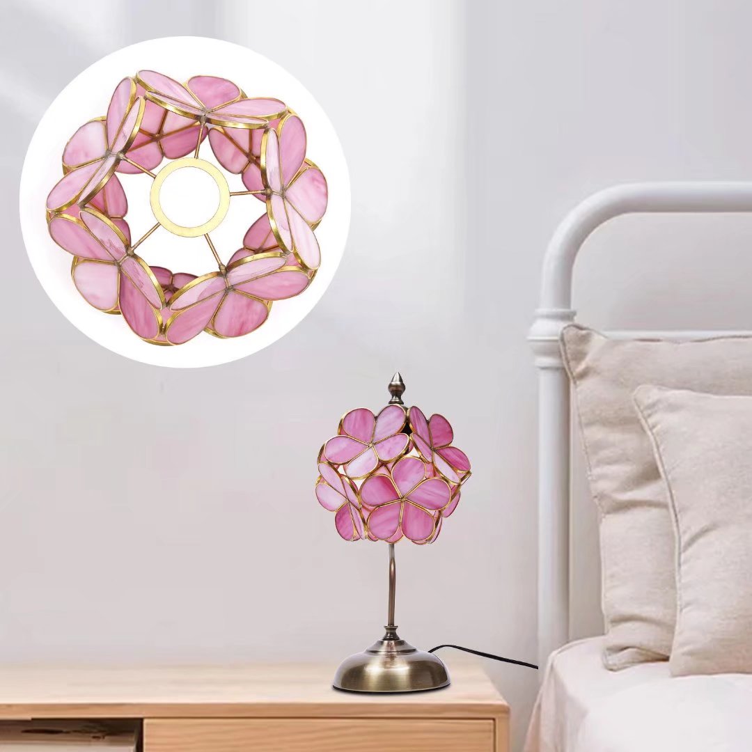 Oukaning Simple Bedroom Bedside Lamp Eye Protection Stained Glass Table Lamp European Petal Glass Table Lamp