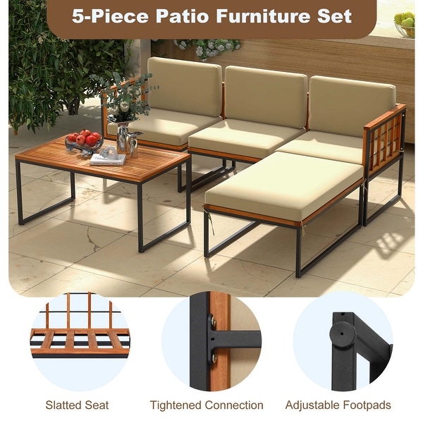 5 PCS Patio Furniture Set Acacia Wood Sectional Set with Cushions