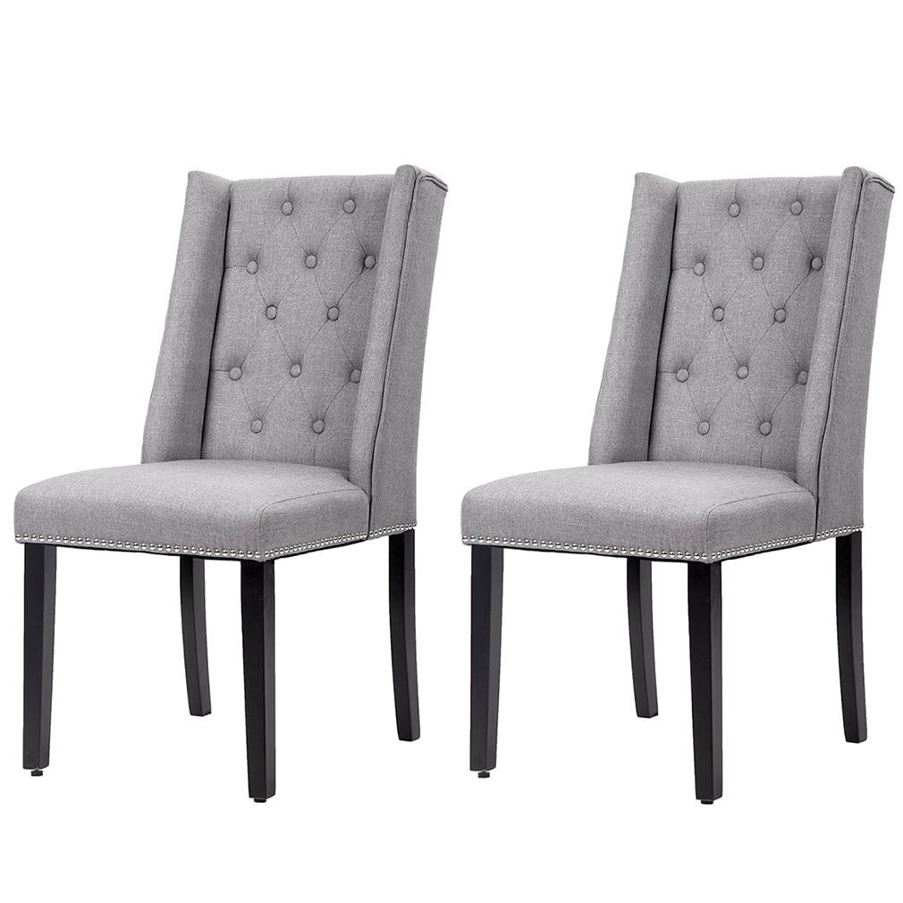 Set Of 2 Grey Elegant Dining Side Chairs Button Tufted Fabric W/ Nailhead，Grey