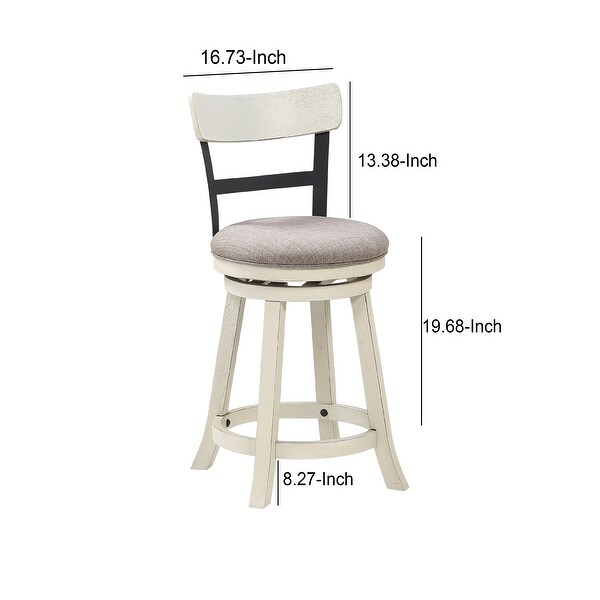 24 Inch Handcrafted 360 Degree Swivel Counter Stool， Curved Open Back， White Wood Frame， Cream Cushioned Seat