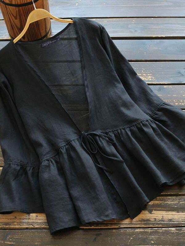 Ladies Casual Cardigan Lantern Sleeve Cotton Linen Top