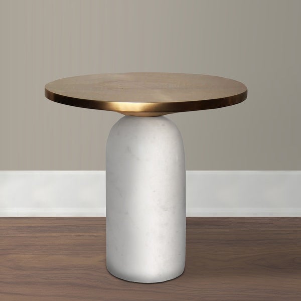 17 Inch Round Brass Modern Accent End Table with Cylindrical Marble Base， Brass， White