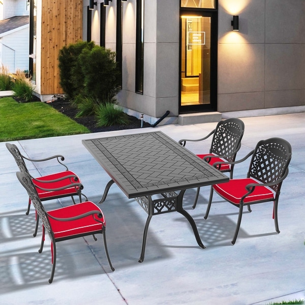 5/7Piece Cast Aluminum Outdoor Dining Set with 59.06'' L X 35.43'' W Rectangular Table and Random Color Seat Cushions