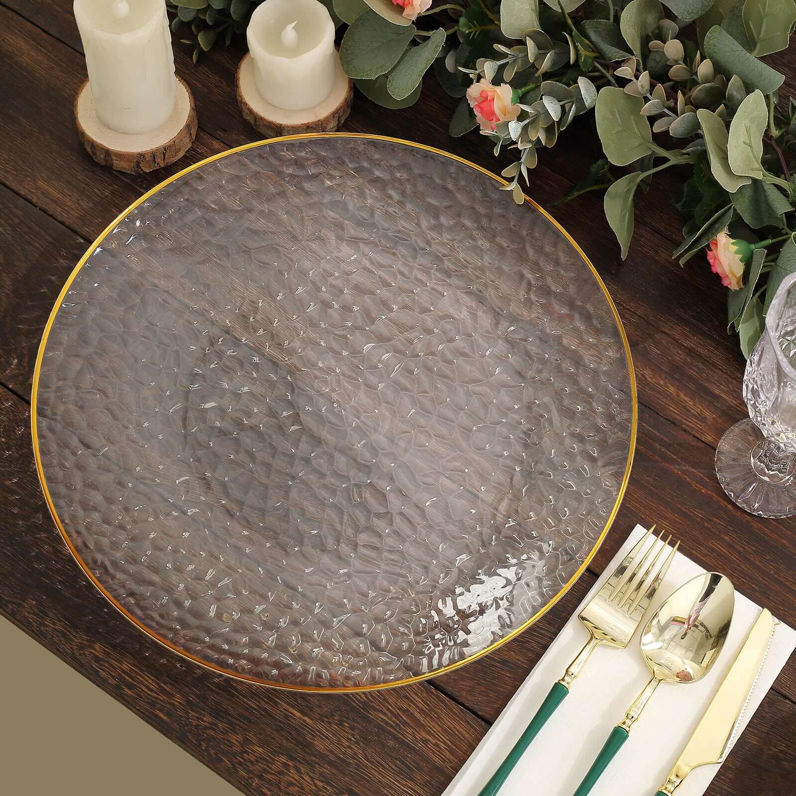 6 Pack Clear Hammered Economy Plastic Charger Plates With Gold Rim, Round Dinner Chargers Event Tabletop Decor - 13