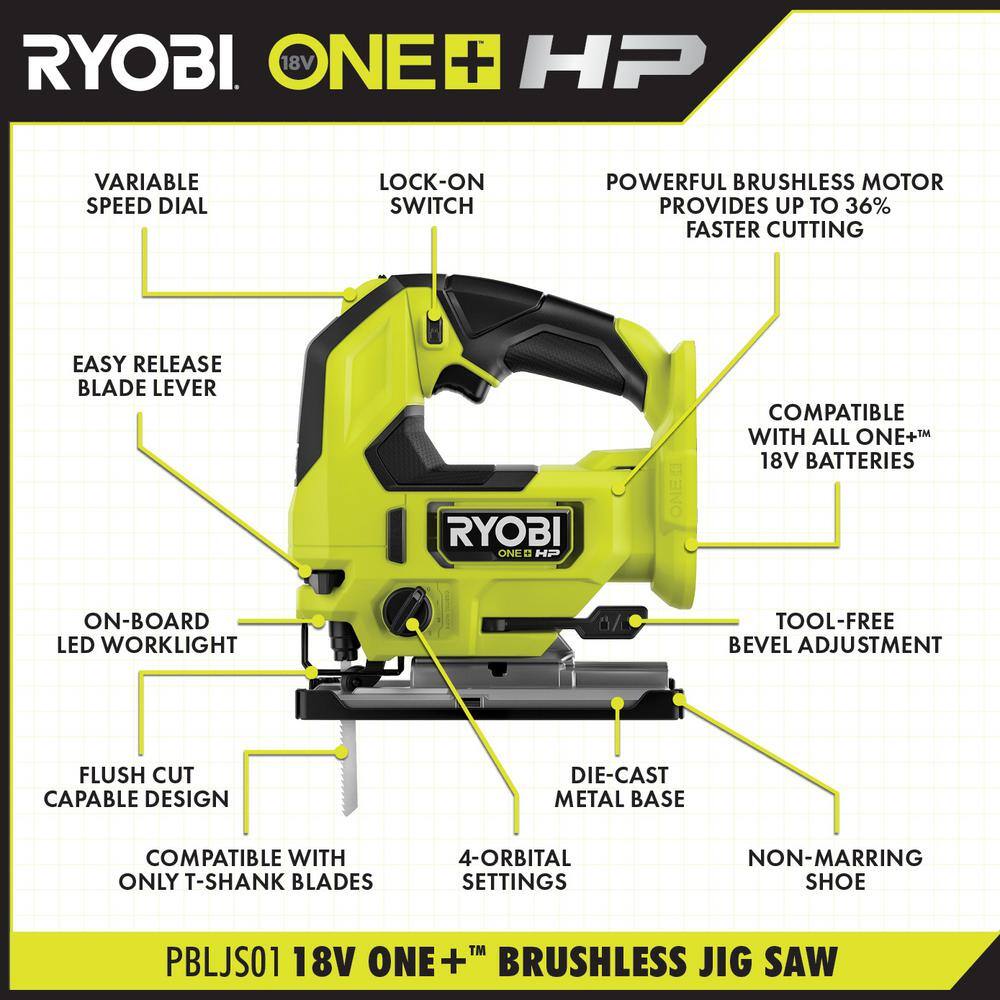 RYOBI ONE+ HP 18V Brushless Cordless Jig Saw (Tool Only) with All Purpose Jig Saw Blade Set (10-Piece) PBLJS01B-A14AK101