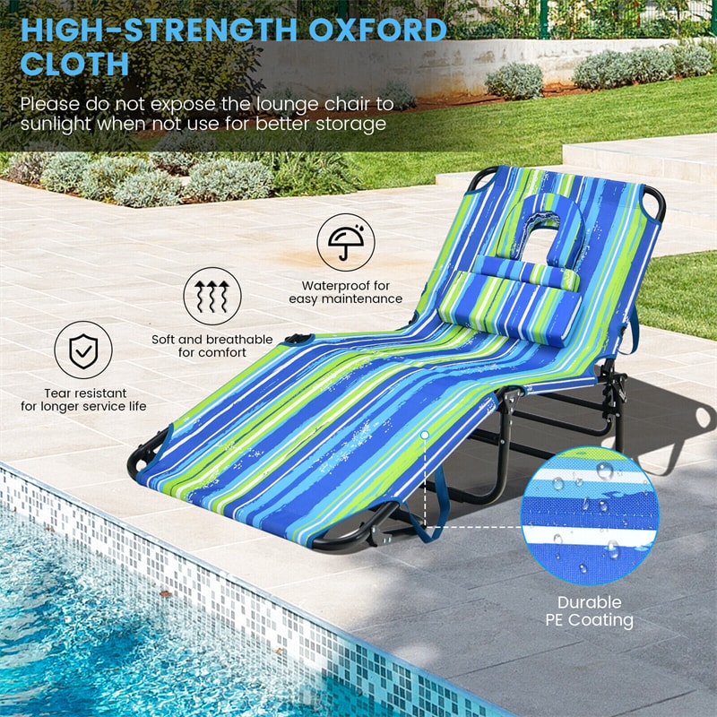 Folding Beach Chaise Lounge Chair 5-Position Adjustable Sunbathing Recliner with Face Hole & Dechatable Pillows