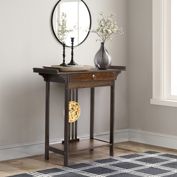 2 Tiers Bamboo Console Table Entryway Hallway with 1 Drawer