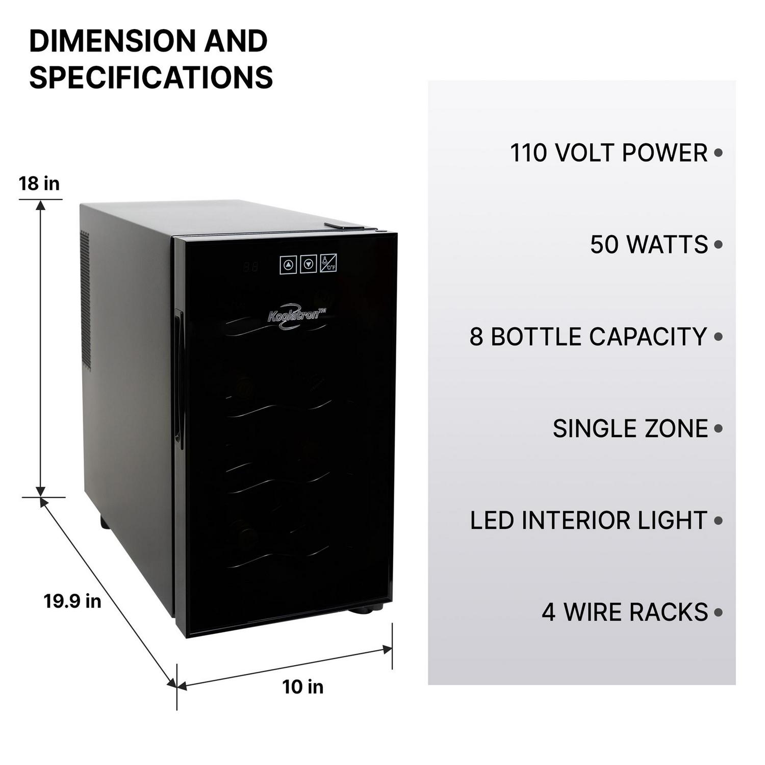 Koolatron Series 8 Bottle Wine Cooler， Black， Thermoelectric Wine Fridge， 0.8 cu. ft. (23L)， Freestanding Wine Cellar， Red， White and Sparkling Wine Storage for Small Kitchen， Apartment， Condo， RV