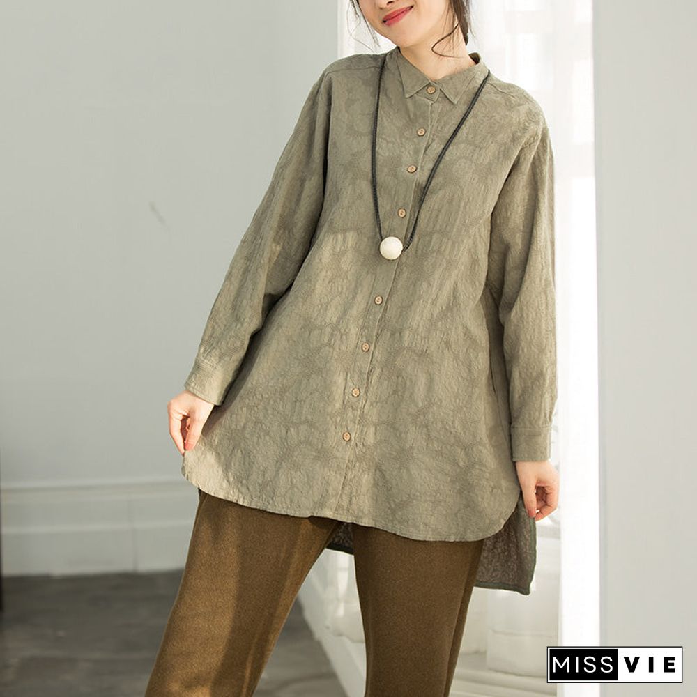 Classy army green cotton clothes Casual Work Outfits Jacquard silhouette blouse