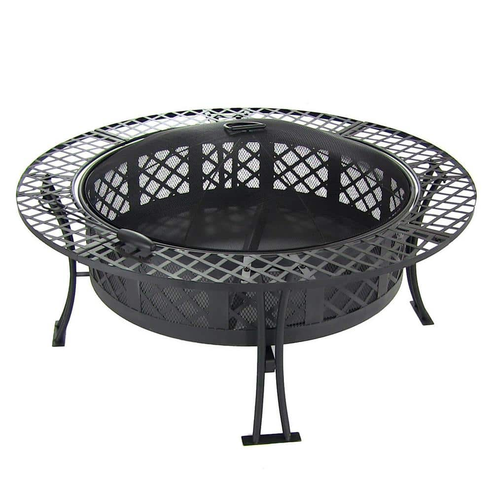 Sunnydaze Decor Diamond Weave 40 in. x 20 in. Round Steel Wood Burning Fire Pit in Black with Spark Screen RCM-LG427