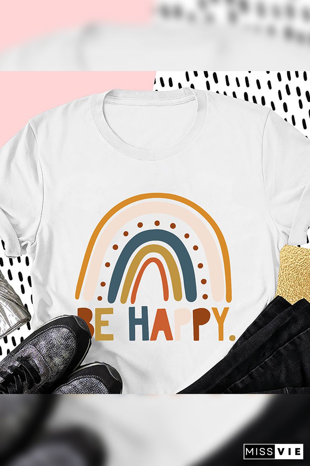 Be Happy Print Graphic Tees for Women Wholesale Short Sleeve T shirts Top