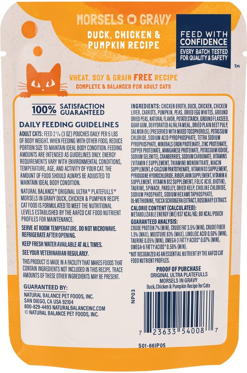 Natural Balance Platefulls Indoor Formula Duck， Chicken and Pumpkin Formula in Gravy Grain-Free Cat Food Pouches