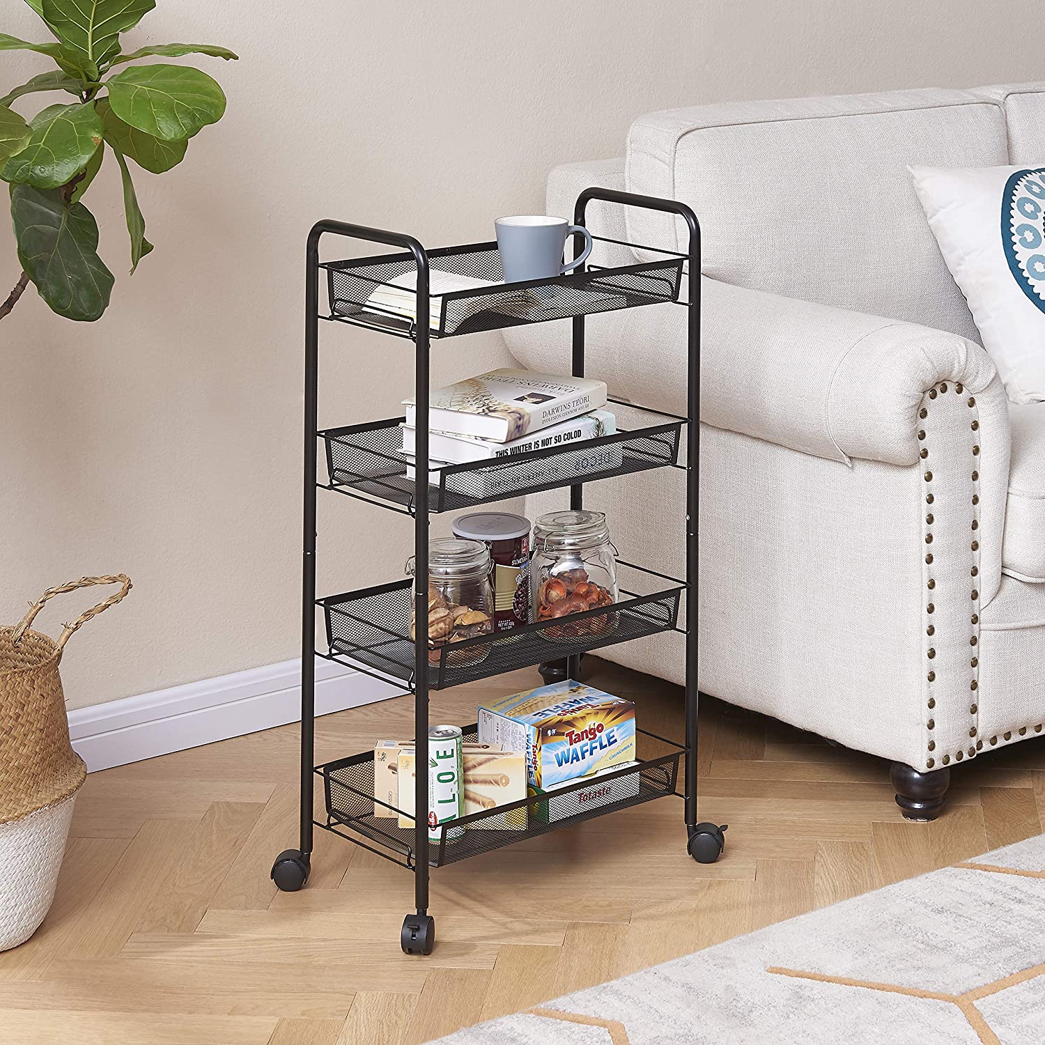 4-Tier Wire Rolling Cart， Space-Saving Removable Storage Cart， Mesh Metal Organization Cart on Wheels， Kitchen Storage Organizer， Standing Shelf Rack Units for Kitchen， Home， Office， Bedroom， K1276