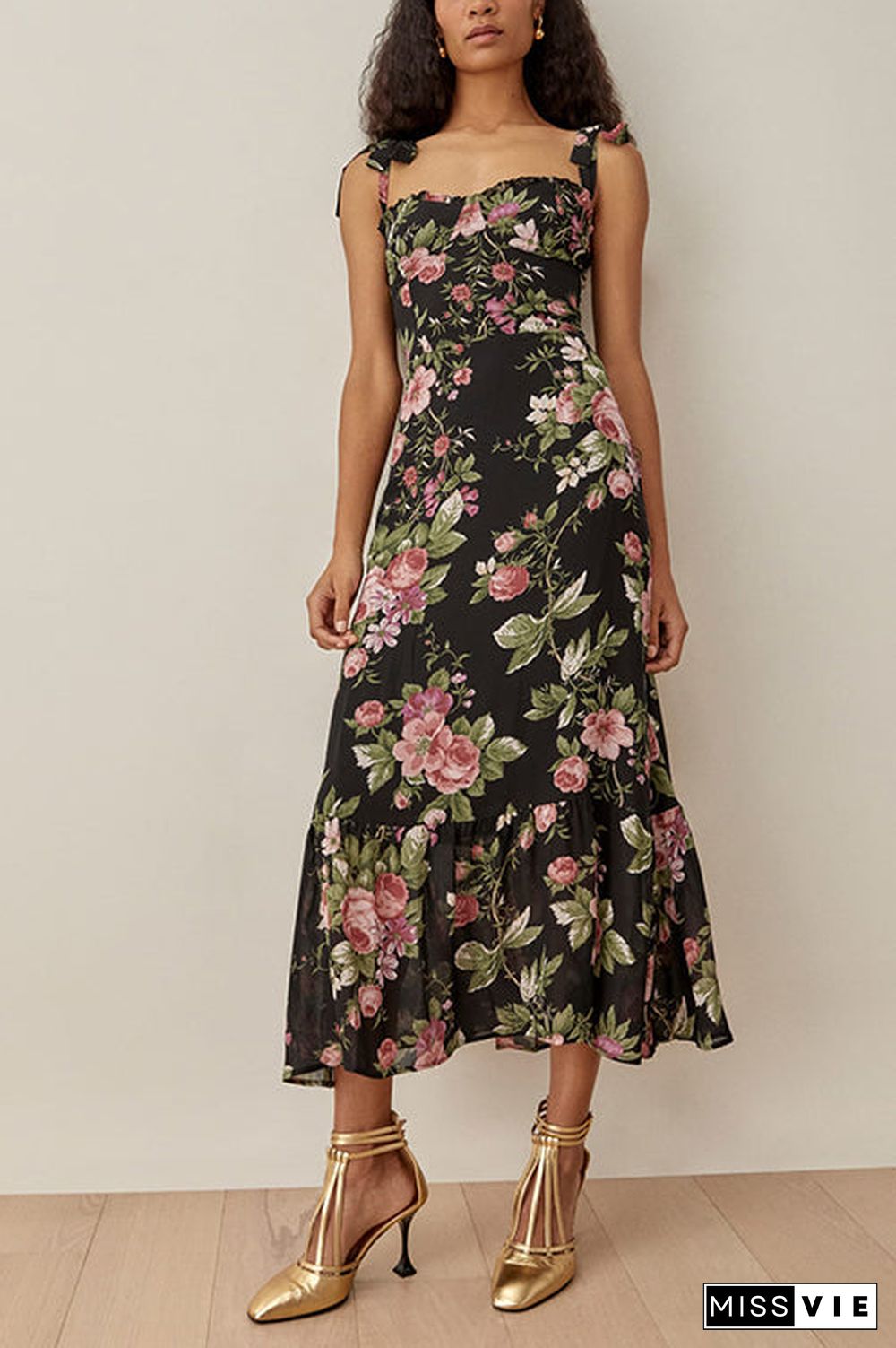 Print Tie Slip Slim Midi Dress