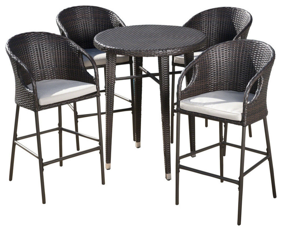 GDF Studio 5 Piece Big Rock Outdoor 41 quotWicker Bar Set With Cushions   Tropical   Outdoor Pub And Bistro Sets   by GDFStudio  Houzz