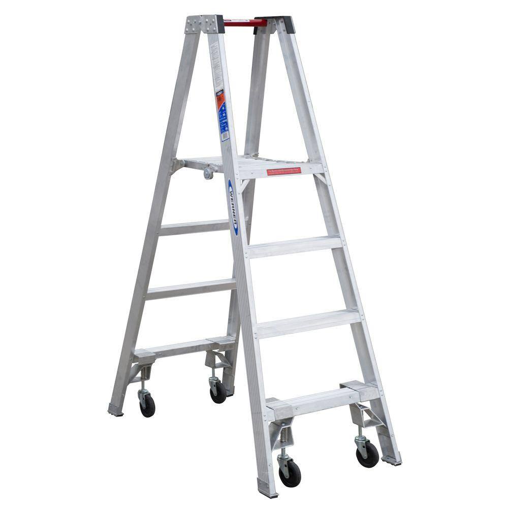 Werner 10 ft. Reach Aluminum Platform Twin Step Ladder with Casters 300 lb. Load Capacity Type IA Duty Rating PT374-4C