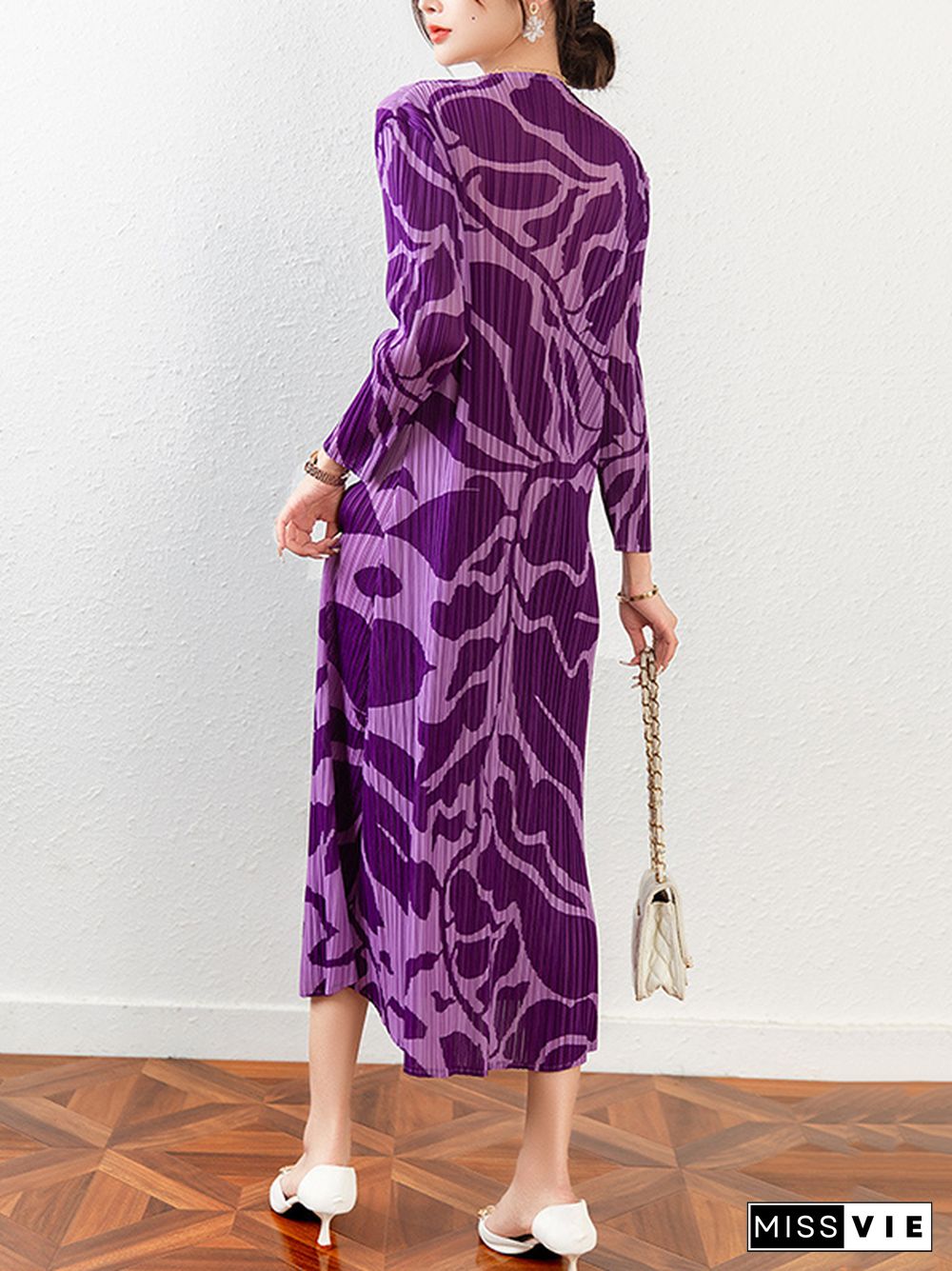 Fashion Floral Printed Pleated Long Sleeves Midi Dress