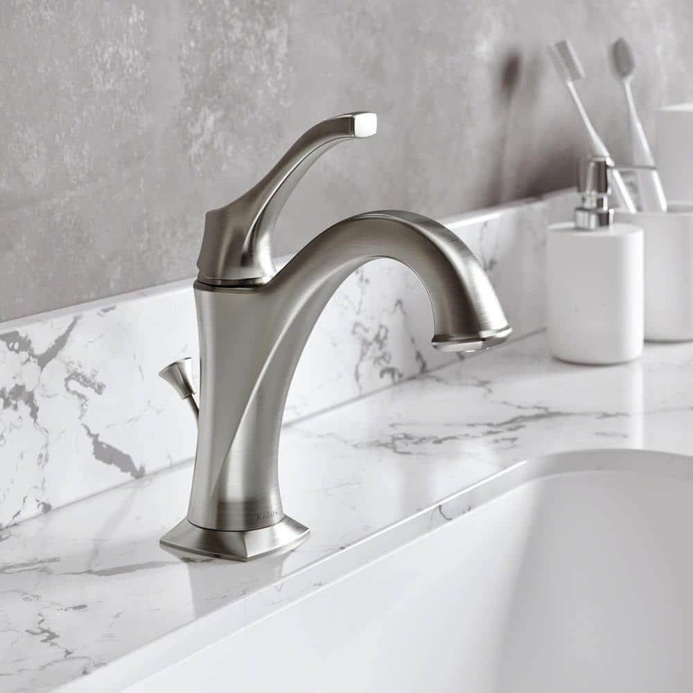 KRAUS Arlo Single Hole SingleHandle Bathroom Faucet with Lift Rod Drain and Deck Plate in SpotFree Brushed Nickel