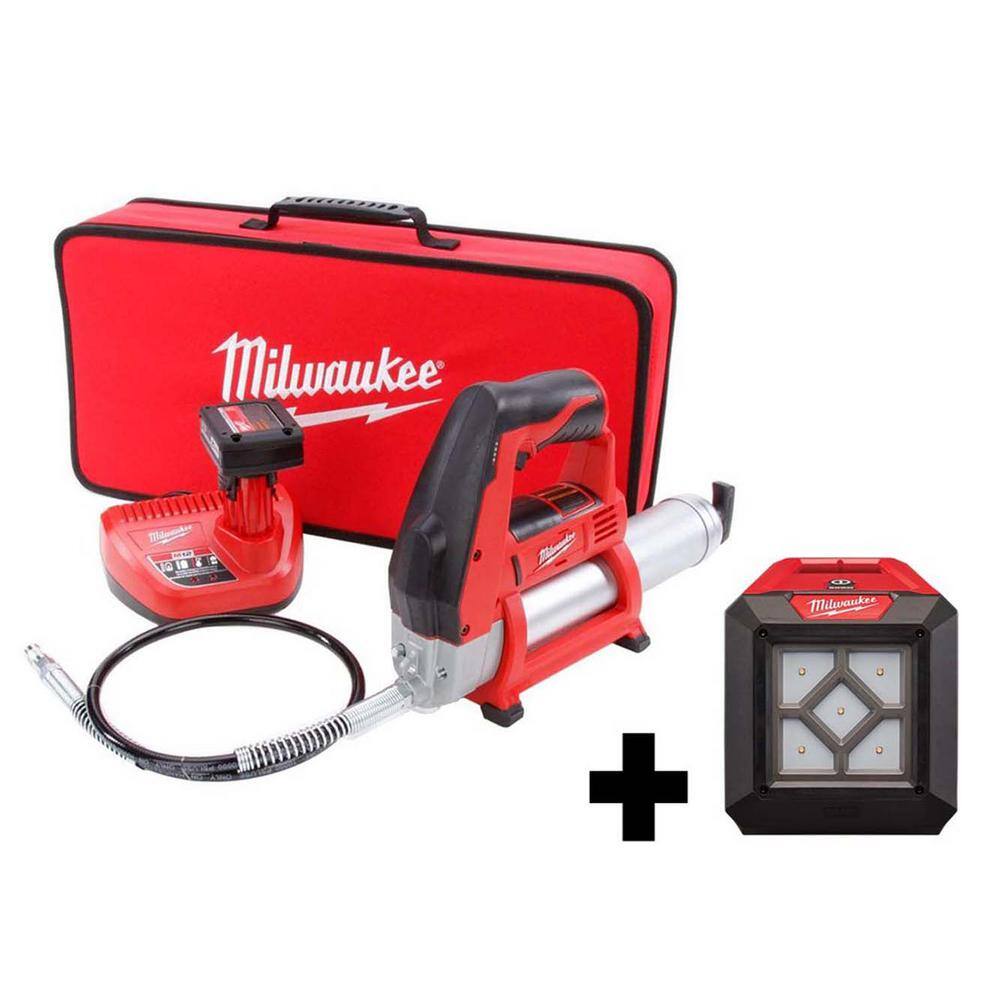 MW M12 12V Lithium-Ion Cordless Grease Gun XC Kit with M12 LED Flood Light 2446-21XC-2364-20