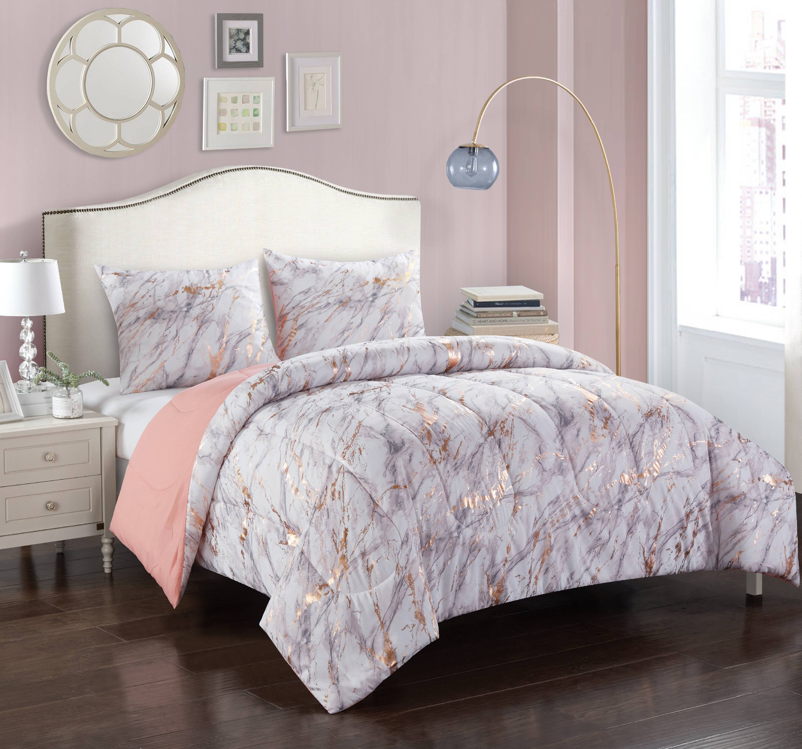 Your Zone Metallic Marble Comforter Bedding Set， Twin/Twin XL， Rose Gold