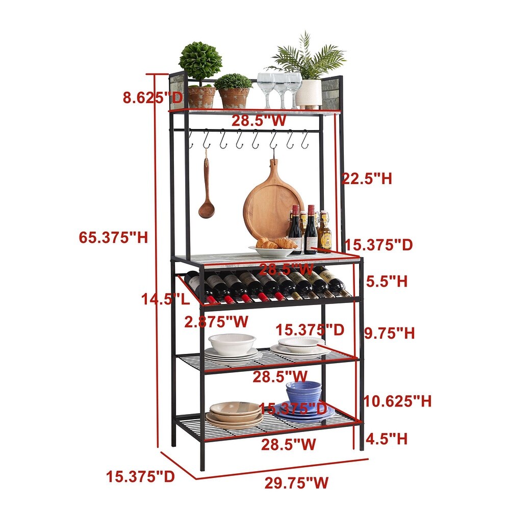 Bakers Rack with Storage Shelfs  Wine Rack and Hooks   Microwave Stand for Home Kitchen/Dining Room  Black/Gray