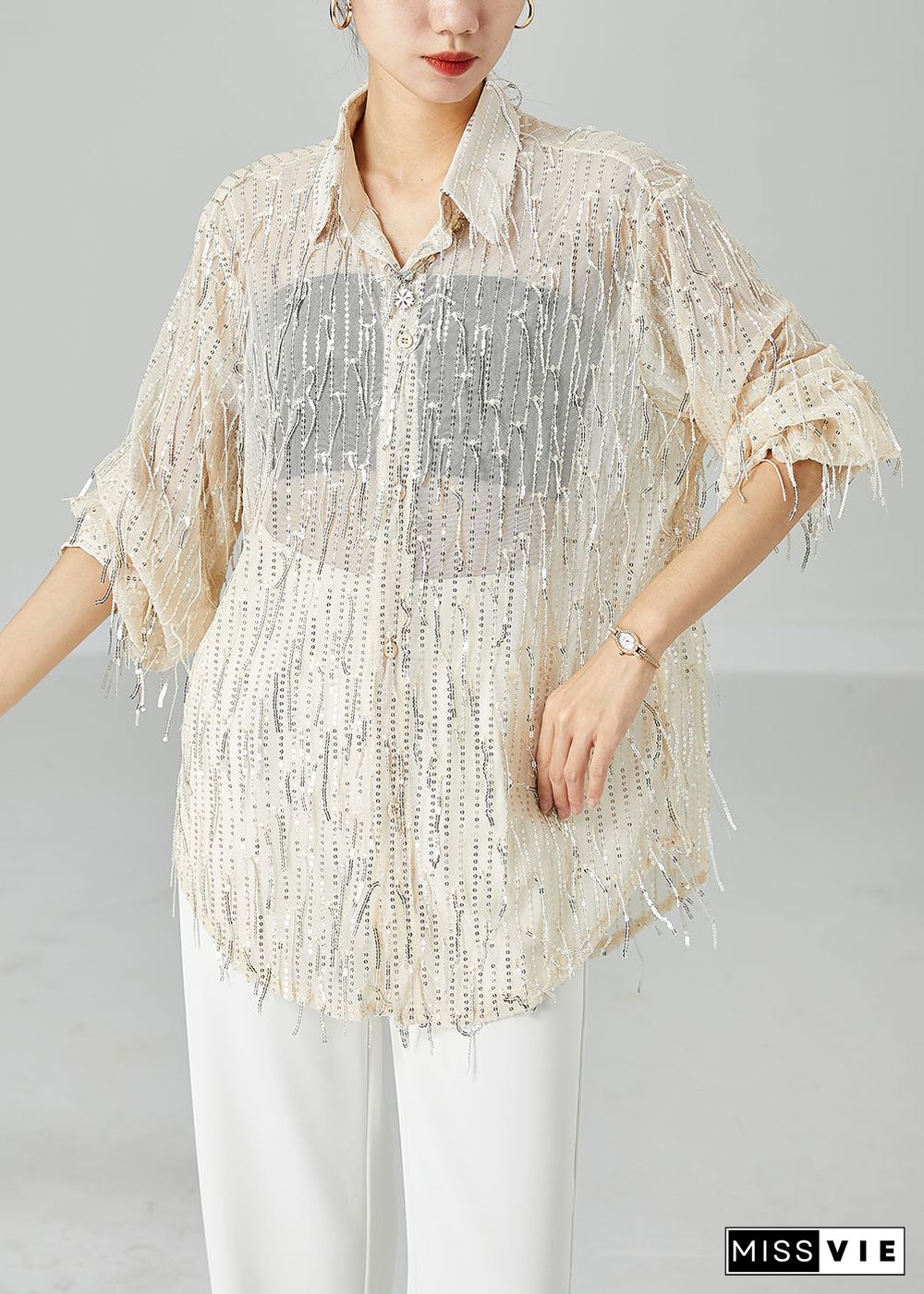 Women Apricot Sequins Tassel Tulle UPF 50+ Shirt Top Summer