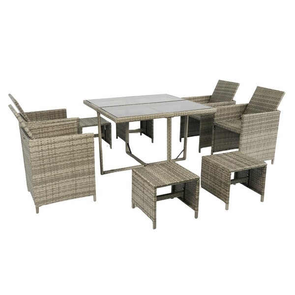 9Piece Gray Wicker Outdoor Dining Set with Cushions and Glass Table