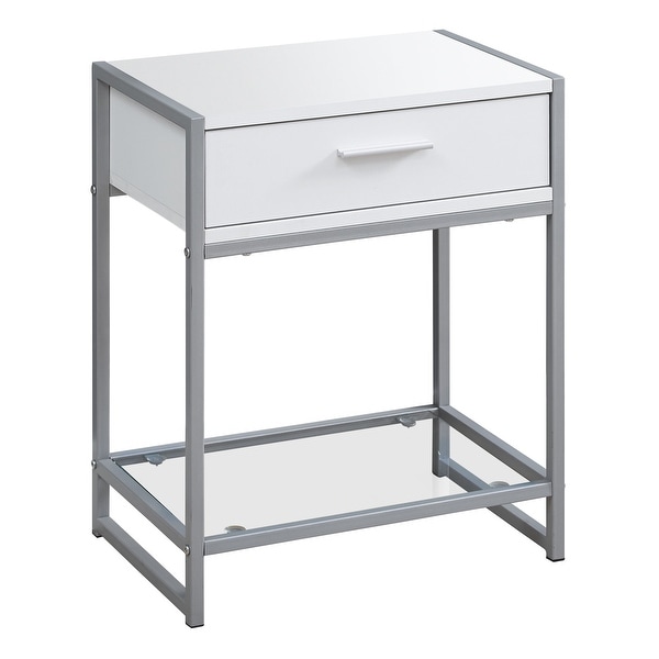 Monarch 3503 White Silver Metal 22nch Accent Table With Tempered Glass