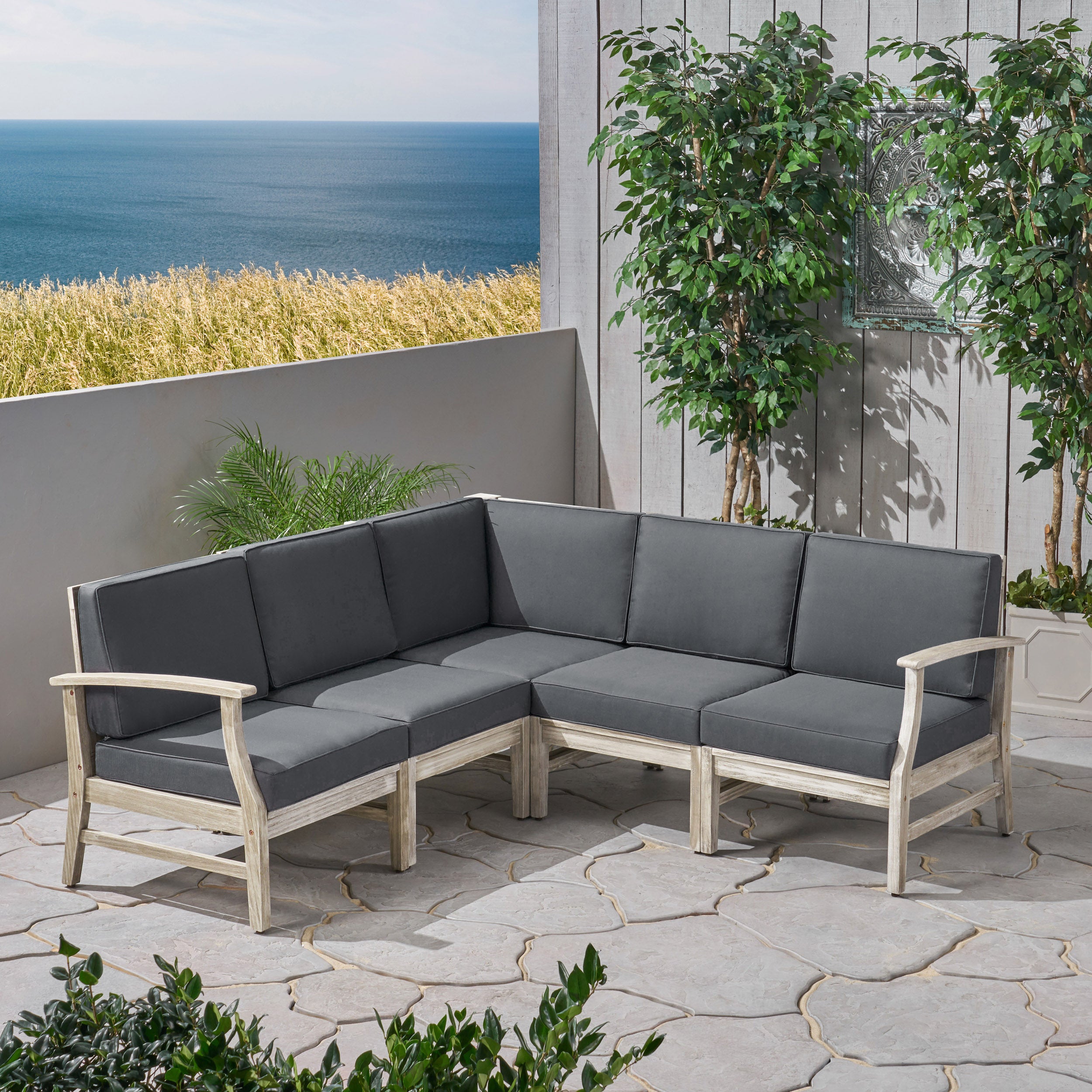 Capri Outdoor 5 Piece Acacia Wood Sectional Sofa Set