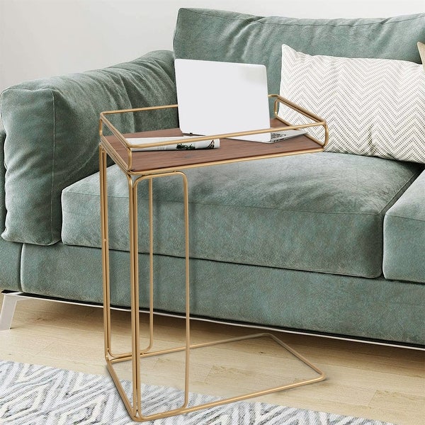 C Shape Minimalist Wood Side Tray Table with Metal Frame