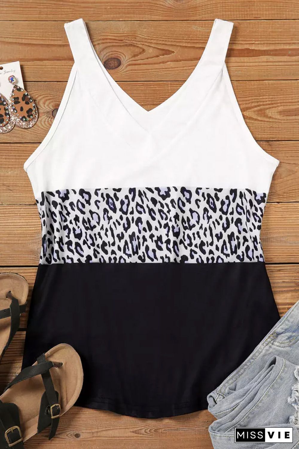 Black Leopard Print Contrast V-Neck Tank Top