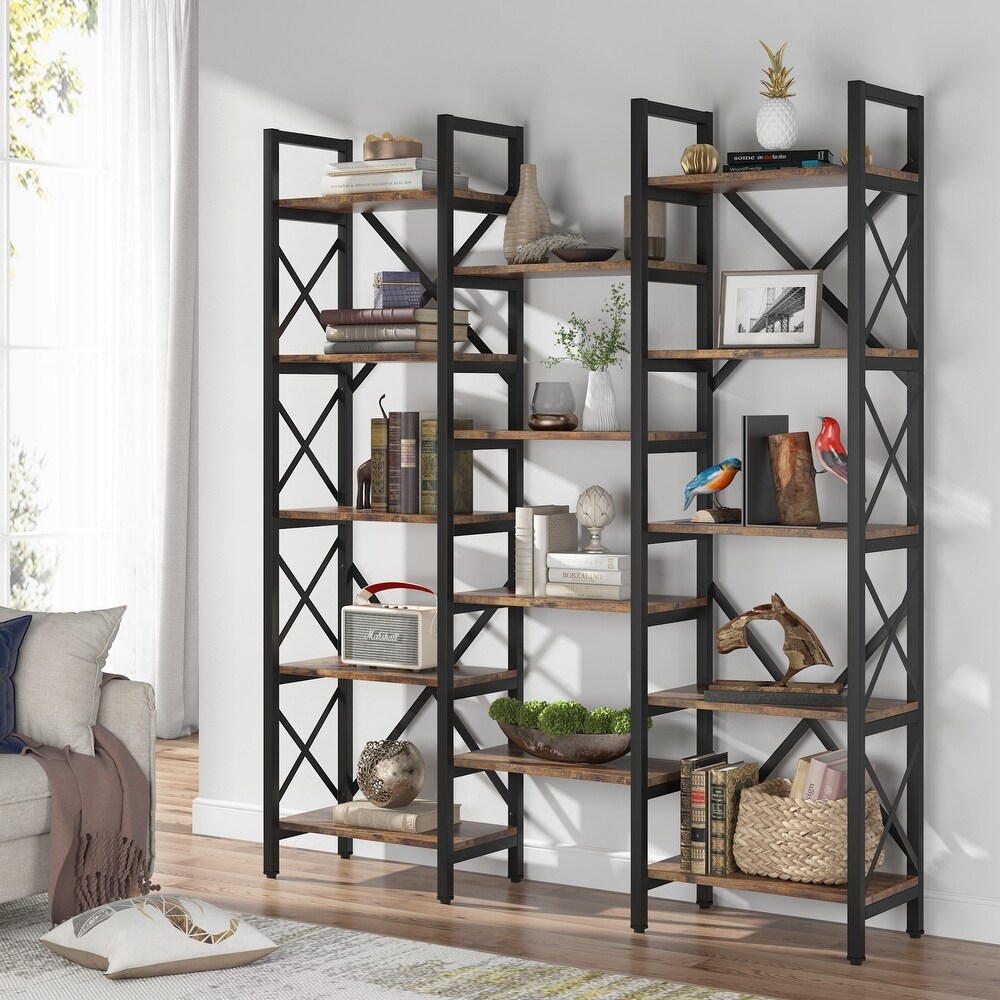 Triple Wide 5 Shelf Bookcase  Etagere Large Open Bookshelf Vintage Industrial Style Shelves Wood and Metal bookcases