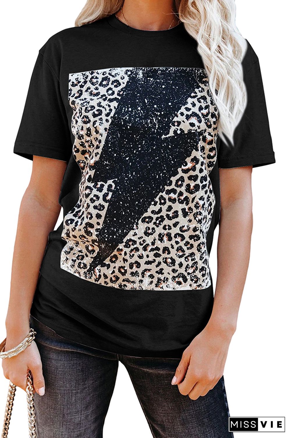 Leopard Lightning Print Graphic Tees for Women Wholesale Short Sleeve T shirts Top