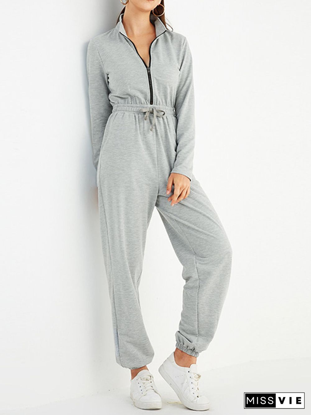 Solid Color Zipper Drawstring Pocket Long Sleeve Casual Jumpsuit for Women